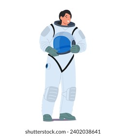 Astronaut Profession Concept. Spaceman Stands Tall, Cradling Helmet, Embodying The Essence Of Space Exploration. Daring Cosmonaut Character in Space Suit. Cartoon People Vector Illustration