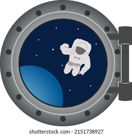 An astronaut in a protective suit in space. A man in outer space next to the planet Earth. View from the porthole of a spaceship. Vector illustration.