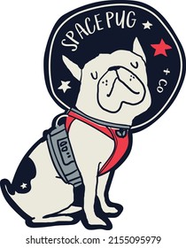 Astronaut Pug Themed Vector Print Design. Can Be Used For Baby, Kid, Teen T-shirt Print, Poster, Wallpaper, Celebration, Greeting And Invitation.