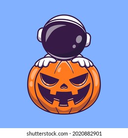 Astronaut With Pumpkin Halloween Cartoon Vector Icon Illustration. Science Holiday Icon Concept Isolated Premium Vector. Flat Cartoon Style