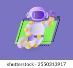 Astronaut in purple helmet waving 3D illustration. Three-dimensional person in spacesuit vector illustration on abstract background. Space, universe, astronomy, future concept