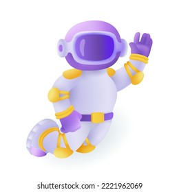 Astronaut in purple helmet waving 3D icon. Three-dimensional person in spacesuit vector illustration on white background. Space, universe, astronomy, future concept