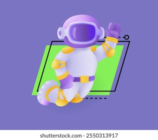 Astronauta en casco púrpura ondeando ilustración 3D. Persona tridimensional en Ilustración vectorial de traje espacial sobre fondo abstracto. Espacio, universo, astronomía, concepto futuro