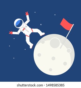 Astronaut put the flag on the moon isolated on space background.Vector illustration