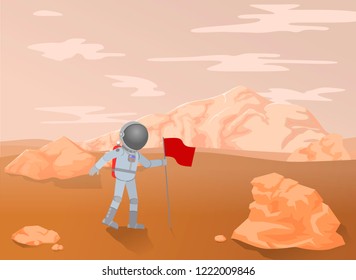 Astronaut puts the flag on Mars. Vector illustration.