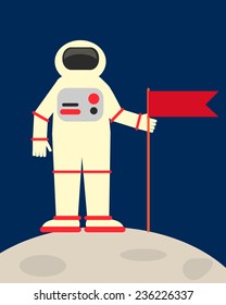 Astronaut puts a flag on the moon. Vector illustration