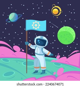 Astronaut putting flag on moon vector illustration. Cartoon drawing of person in spacesuit discovering planet. Space, astronomy, achievement, science, discovery concept