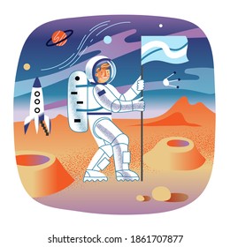 Astronaut putting flag on surface of planet. Happy smiling man standing on ground with flag. Night sky with planets, satellites. Moon and planet travel exploration vector illustration.