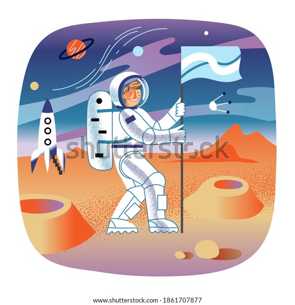 Astronaut\
putting flag on surface of planet. Happy smiling man standing on\
ground with flag. Night sky with planets, satellites. Moon and\
planet travel exploration vector\
illustration.