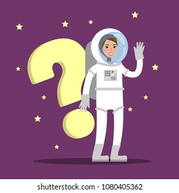 Astronaut with question mark answering and asking.