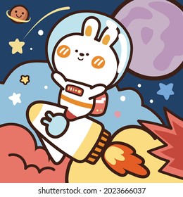 Astronaut Rabbit Sit On Rocket Cartoon.Character Design.Galaxy Background.Kid Graphic Design.Kawaii.Vector.Illustration.Illustrator.