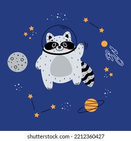  Astronaut raccoon, raccoon flying in space, children's illustrations on the space theme, spaceships, aliens, comet, planet, asteroid, space, galaxy, rocket flying into space, alien ship