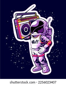 Astronaut and radio tape cassette music player. cool concept and a little crazy. Science Technology Icon Concept Isolated Premium Vector. Flat Cartoon Style