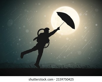 Astronaut in rainy weather. Man with umbrella. Cosmonaut silhouette