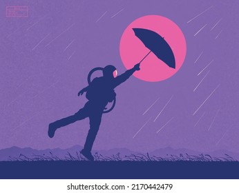 Astronaut in rainy weather. Man with umbrella. Cosmonaut silhouette