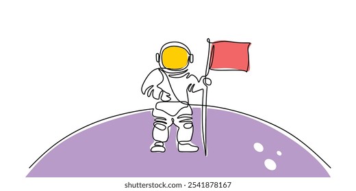 Astronaut raising a flag in space in continuous one line drawing. Minimalist design celebrating space exploration achievements.