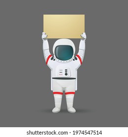 Astronaut raising a placard with both hands. Demonstration, protest, activism illustration. Vector. Cartoon style.