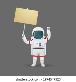 Astronaut raising a placard and a fist. Demonstration, protest, activism illustration. Vector. Cartoon style.