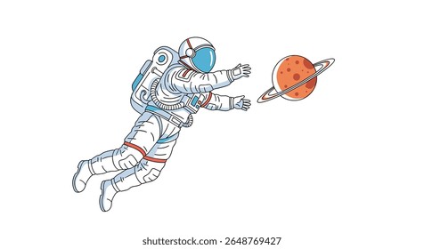 Astronauta alcançando planeta distante em exploração espacial e descoberta de aventura cósmica