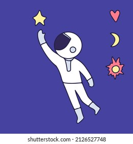 Astronaut reaching star, illustration for t-shirt, sticker, or apparel merchandise. With retro cartoon style.