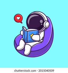 Astronaut Reading Book On Beanbag Cartoon Vector Icon Illustration. Science Education Icon Concept Isolated Premium Vector. Flat Cartoon Style