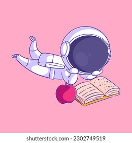 The astronaut is reading a book and there is an apple beside him