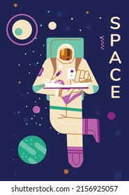 Astronaut reading a book, vector flat illustration on cosmos background. Character astronaut in a suit travels in galaxy. Astronaut explores planets, galaxies, universe