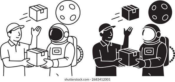 Astronauta recebendo entrega de pacote de Courier no espaço ícone ilustração