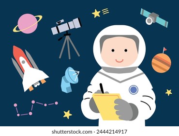 an astronaut is recording something on the board. There are many space science related elements on the background. vector illustration.