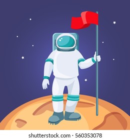 Astronaut with red flag on moon surface. Cosmonaut in space suit and helmet land on planet with craters. Spaceman in cosmos vector illustration. Scientist explore galaxy. Man on cosmic orbit