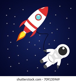 Astronaut and red rocket in space. Vector cartoon character with spaceship on dark background. Spaceman between the stars.