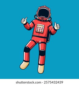 Astronaut in red spacesuit floating, while giving a thumbs up. Vector illustration