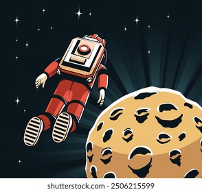 Un astronauta en traje espacial rojo flota a través de la oscuridad del espacio exterior, acercándose a una Luna iluminada por estrellas distantes. Ilustración vectorial