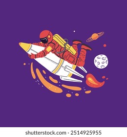 Astronaut in a red spacesuit and helmet holds a rocket flying among planets and comets in space. Exploration of the universe. Goal achievement concept Vector illustration isolated on a dark background