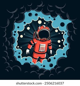 An astronaut in a red suit is floating through the dark expanse of space, with vibrant blue clouds and scattered stars creating a mesmerizing backdrop. Vector illustration