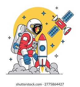 Astronaut in red and white space suit flying rocket ship into space with satellite and sun