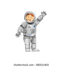 Astronaut rejoices. Astronaut with his hand raised. Vector illustration.