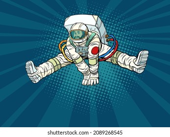 The astronaut rejoices jumping up in a funny pose with his legs apart. Space and science. Pop Art Retro Vector Illustration Kitsch Vintage 50s 60s Style