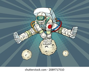 The astronaut rejoices jumping up through an asteroid or planet in a funny pose with his legs apart. Space and science. Pop Art Retro Vector Illustration Kitsch Vintage 50s 60s Style