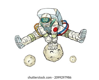 The astronaut rejoices jumping up through an asteroid or planet in a funny pose with his legs apart. Space and science. Pop Art Retro Vector Illustration Kitsch Vintage 50s 60s Style