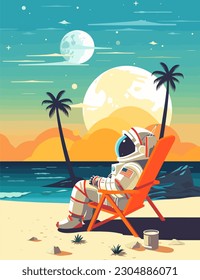 An astronaut relaxes in a chair  on the beach with palm trees, in the style of retro futuristic, coastal landscapes, neogeo and  tropical landscapes.