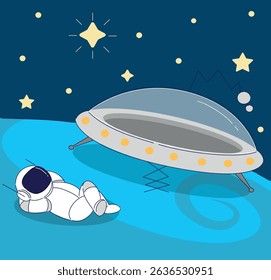 An astronaut relaxes peacefully near a UFO under a beautifully starry, cosmic sky