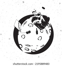 Astronaut Relaxing on The Moon Vector Illustration , Designs for T-shirts, Tattoos, Stickers, Gaming Logos or Posters