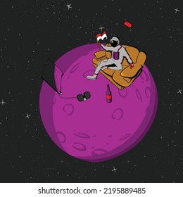 Astronaut Relaxing on The Moon Vector Illustration , Designs for T-shirts, Tattoos, Stickers, Gaming Logos or Posters