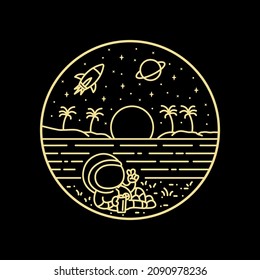 an astronaut relaxing on the shore of space in mono line art