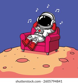 Astronaut relaxing sitting on the sofa listening to music with headphones cartoon illustration