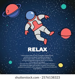 Astronaut is relaxing in space galaxy cosmos with planets and stars. Exploring missions with no gravity