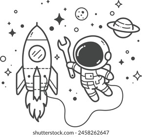 Astronauta reparando cohete - Dibujo para colorear para niños. Ilustración vectorial de dibujo a mano en contorno negro sobre fondo blanco.