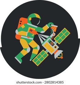 Astronaut Repairing a Space Satellite with Tools in Flat Vector Style