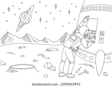 Astronaut repairs a rocket on alien planet graphic black white space landscape sketch illustration vector